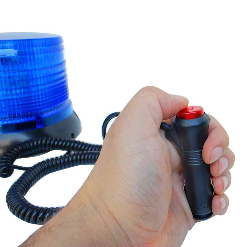 Baliza cilíndrica con base magnética de color azul, 2 modos de iluminación, estroboscópica y giratoria, Conexión a 12v