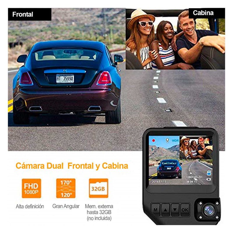 Camara de auto dual HD FHD 1080p, facil instalacion, dos camaras, afuera y adentro, vision nocturna automatica, pantalla