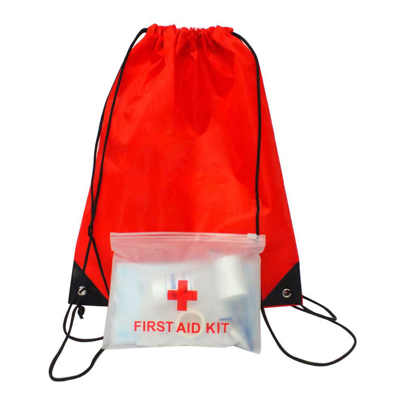 Kit de primeros auxilios, incluye bolso de plástico color rojo para el transporte de los insumos médicos