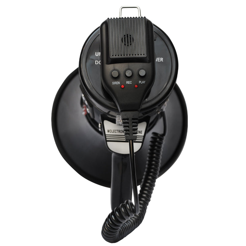 Megáfono de 50w, Recargable, Rango de alcance 800 mts, con sirena, micrófono, conexión USB y AUX. Incluye cargador 220V y 12V