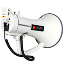 Megáfono de 60w Recargable, Rango de alcance 1500 mts, con sirena, micrófono, conexión USB y AUX. Incluye cargador 220V y 12V