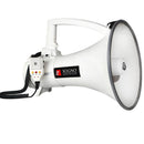 Megáfono de 60w Recargable, Rango de alcance 1500 mts, con sirena, micrófono, conexión USB y AUX. Incluye cargador 220V y 12V