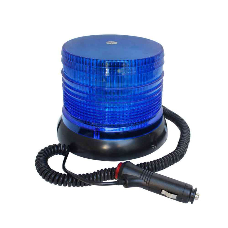 Baliza cilíndrica con base magnética de color azul, 2 modos de iluminación, estroboscópica y giratoria, Conexión a 12v